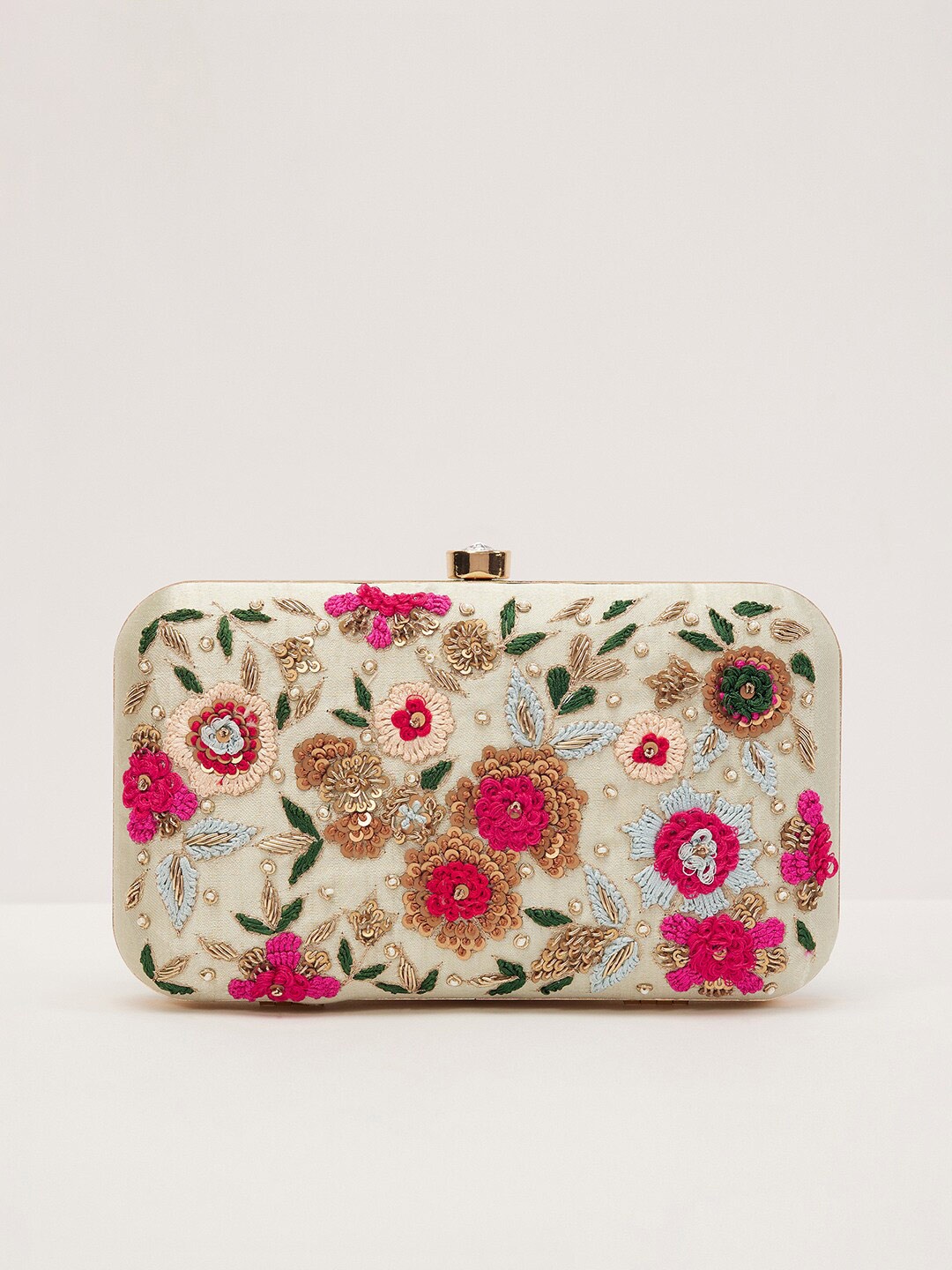 

KALKI Fashion Embroidered Silk Box Clutch, Sea green