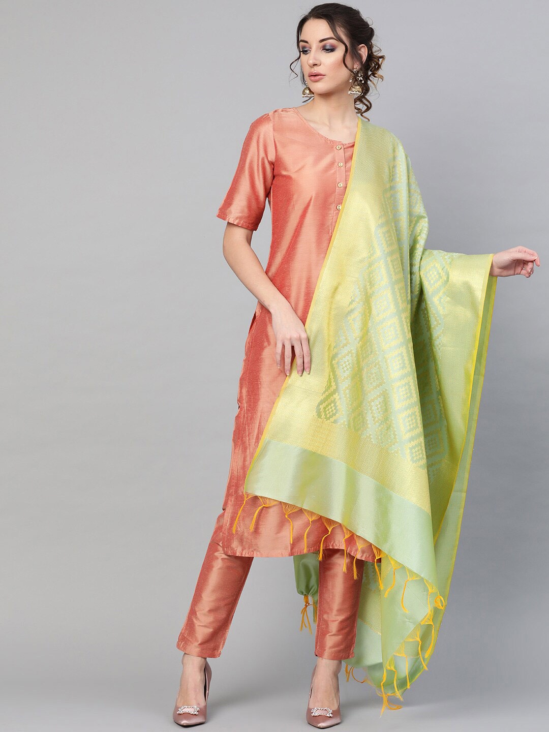 

AKS Woven Design Dupatta with Zari, Green