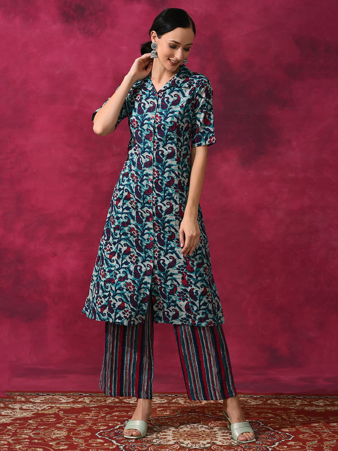 

AKS Ethnic Motifs Printed Pure Cotton A-line Kurta with Palazzos, Off white