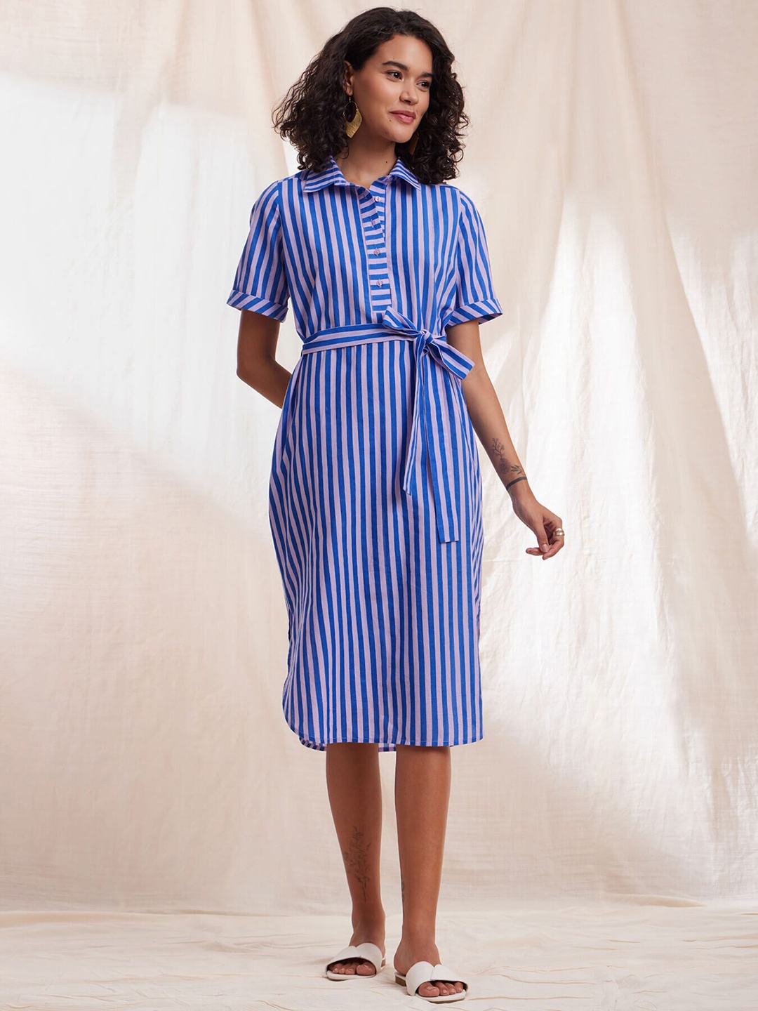 

Pink Fort Striped Pure Cotton Shirt Style Dress, Blue