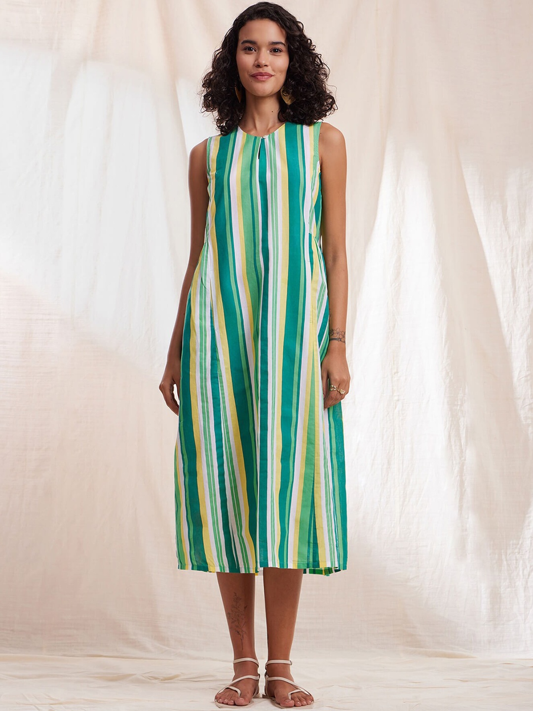 

Pink Fort Striped Pure Cotton Sleeveless Dress, Green