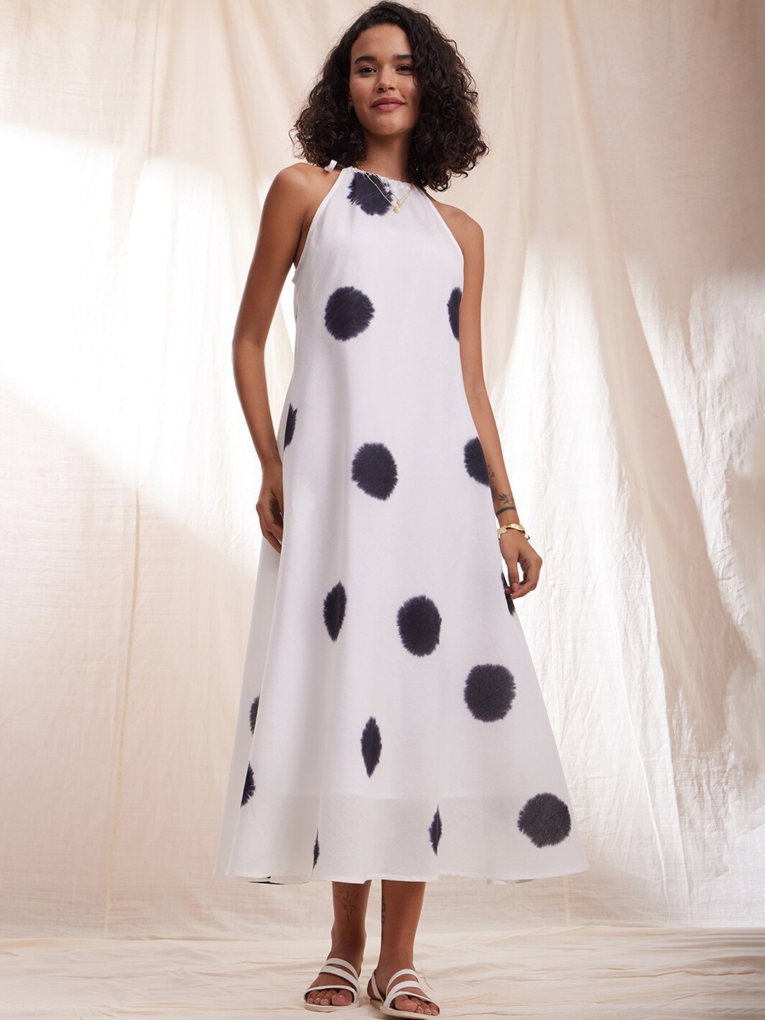

Pink Fort Tie & Dyed Sleeveless Pure Cotton A-Line Dress, White