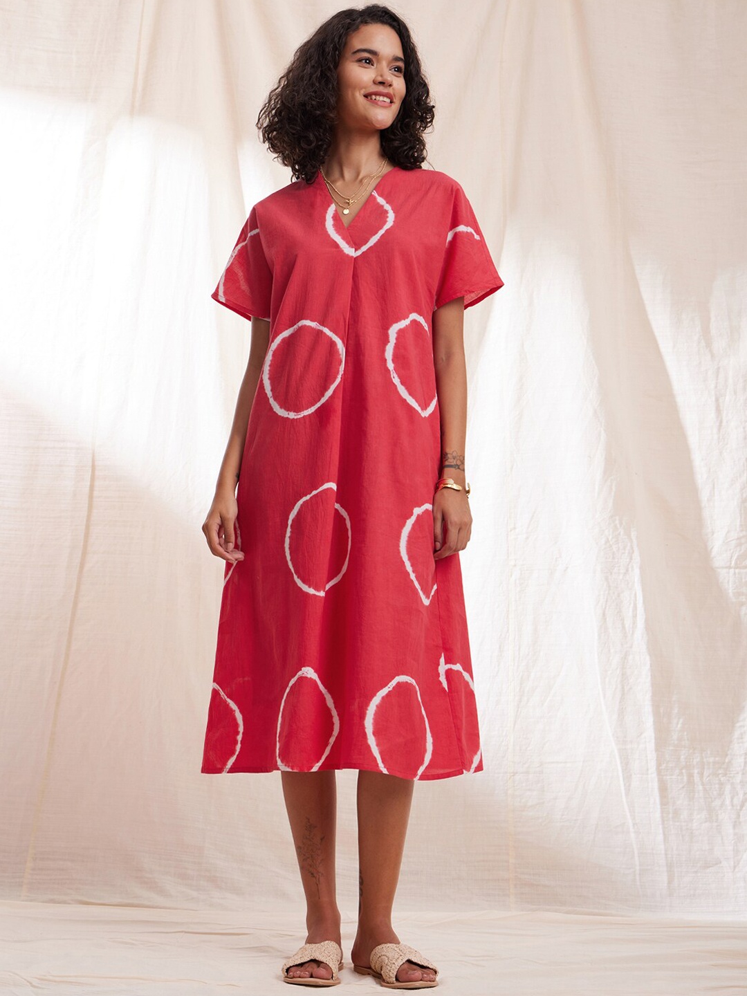 

Pink Fort Tie & Dye Printed Cotton A-Line Dress, Red