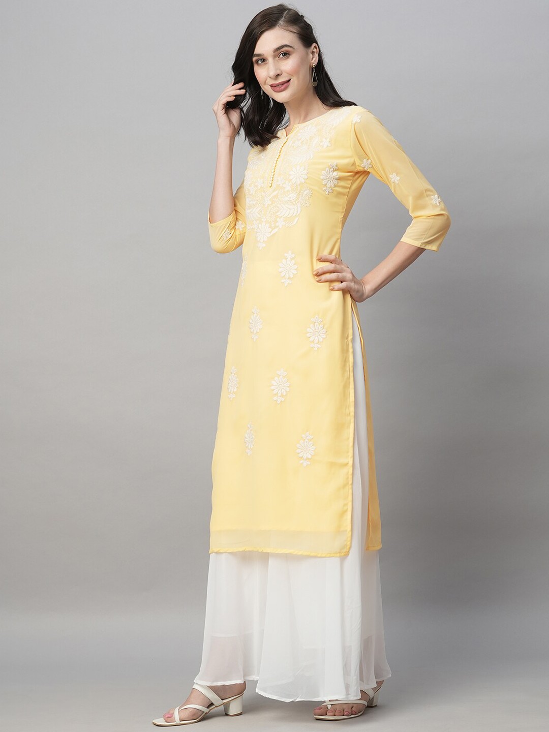 

RATAN Floral Embroidered Regular Thread Work Georgette Kurta With Palazzo, Yellow