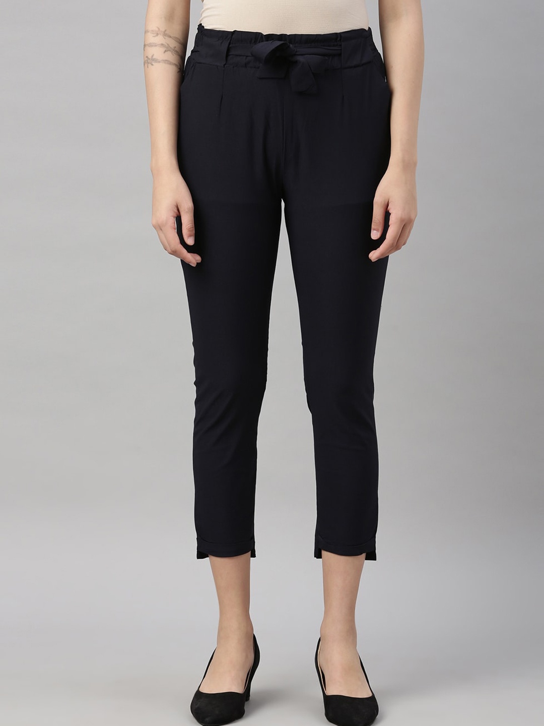 

GOLDSTROMS Women High Rise Relaxed Slim Fit Plain Lycra Trousers, Navy blue