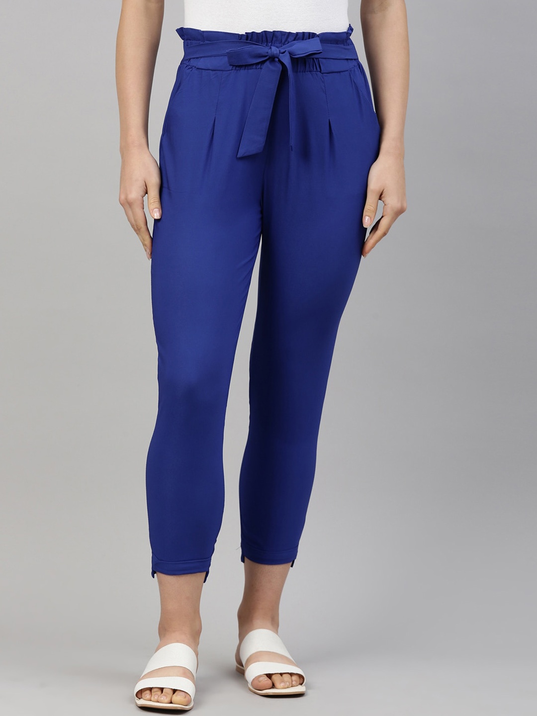 

GOLDSTROMS Women High Rise Relaxed Slim Fit Pleated Lycra Trousers, Blue