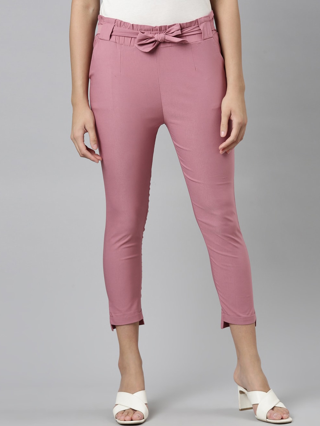 

GOLDSTROMS Women High Rise Relaxed Slim Fit Plain Lycra Trousers, Pink
