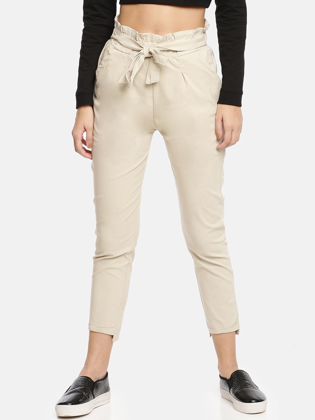 

GOLDSTROMS Women Relaxed Slim Fit High-Rise Peg Trousers, Beige