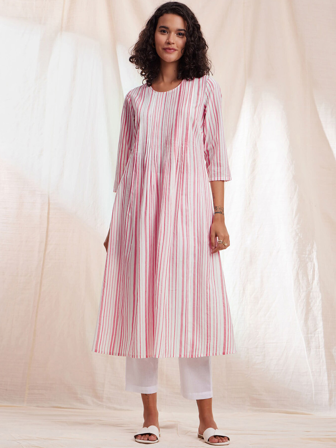 

Pink Fort Striped Anarkali Cotton Kurta, White