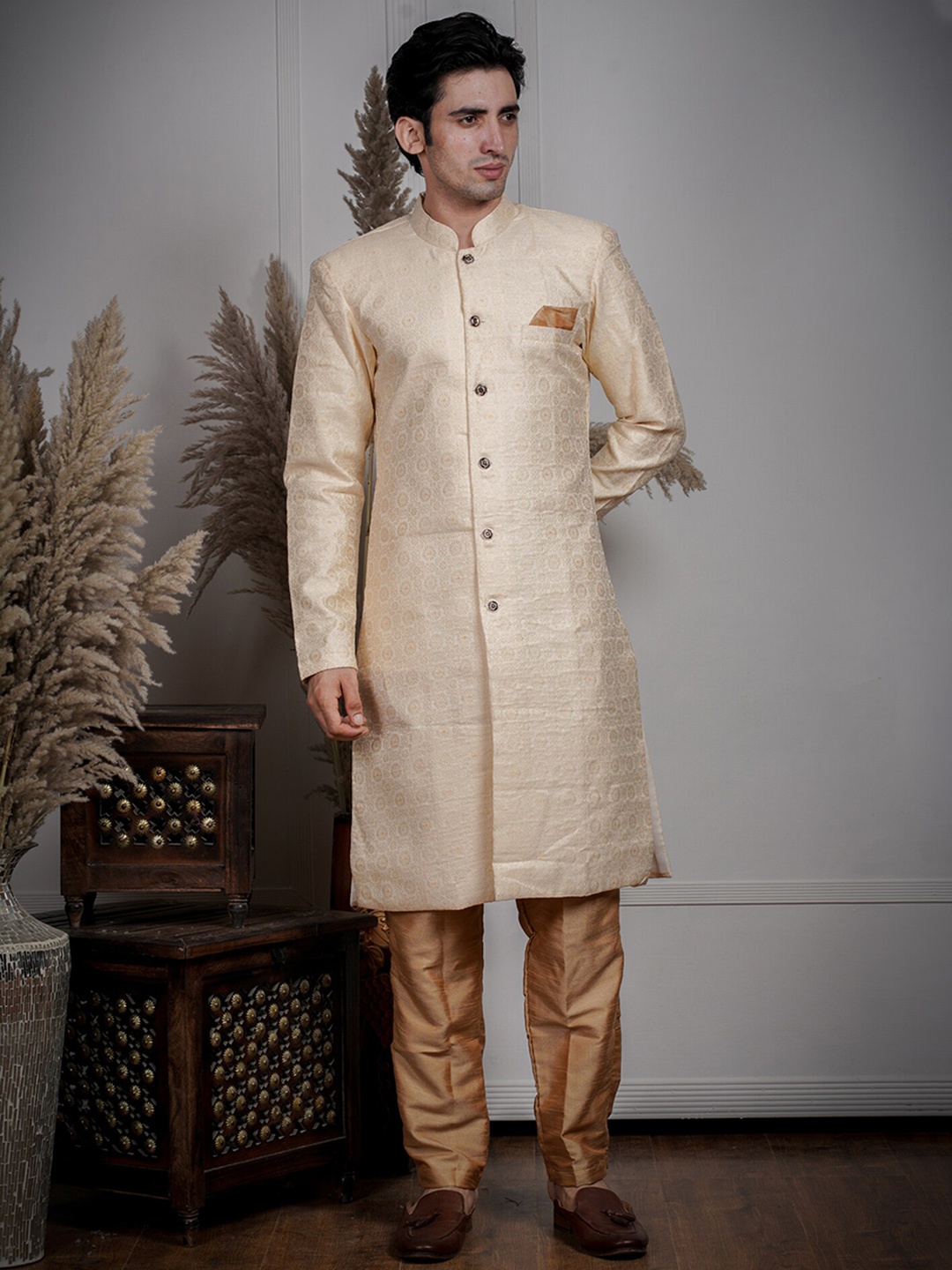 

amzira Ethnic Motifs Printed Sherwani Set, Cream