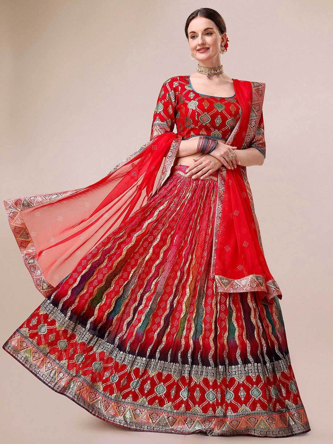 

SAPTRANGI Embellished Semi-Stitched Lehenga & Unstitched Blouse With Dupatta, Red