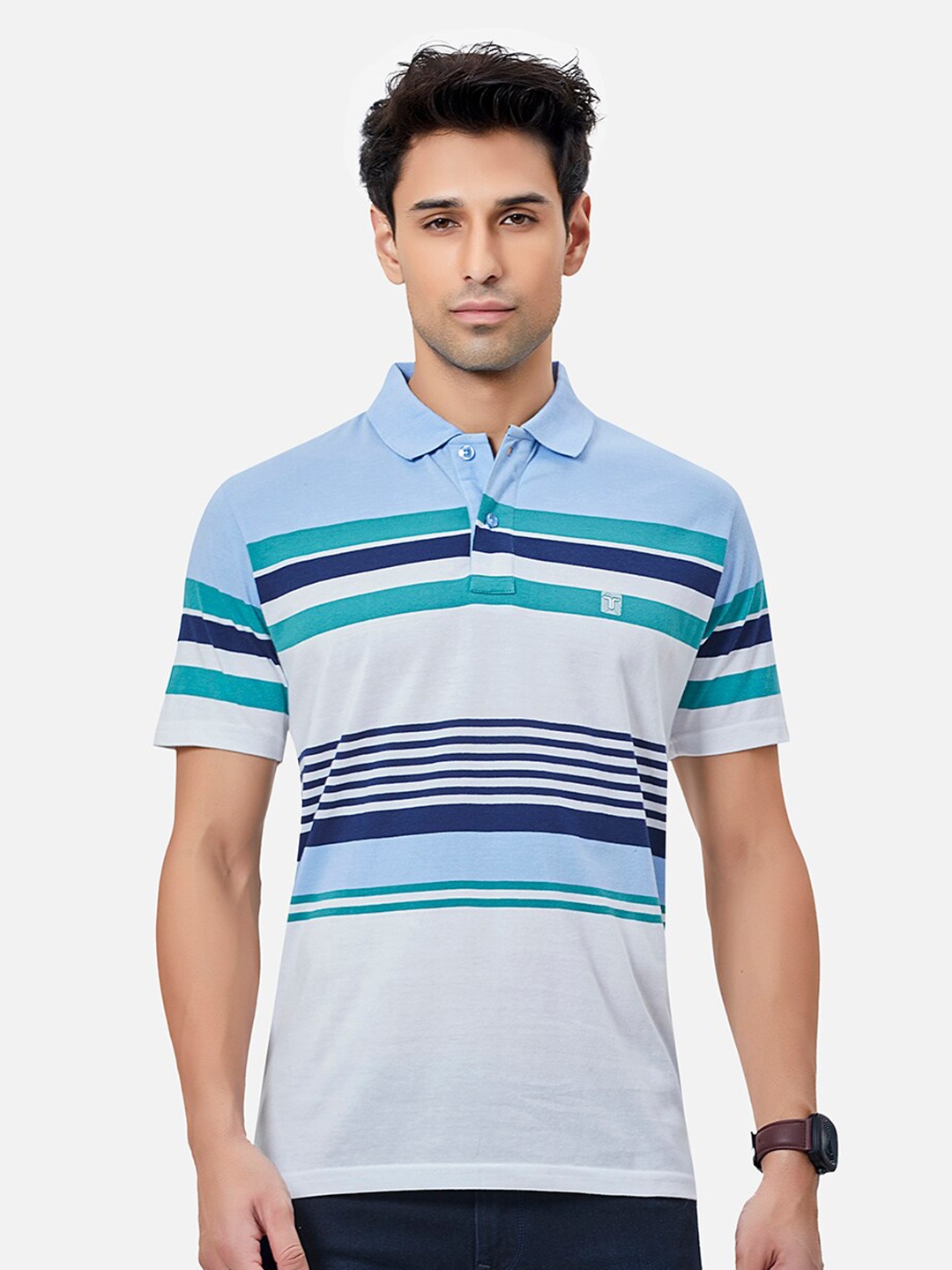 

TESSIO Striped Polo Collar Cotton T-shirt, Blue