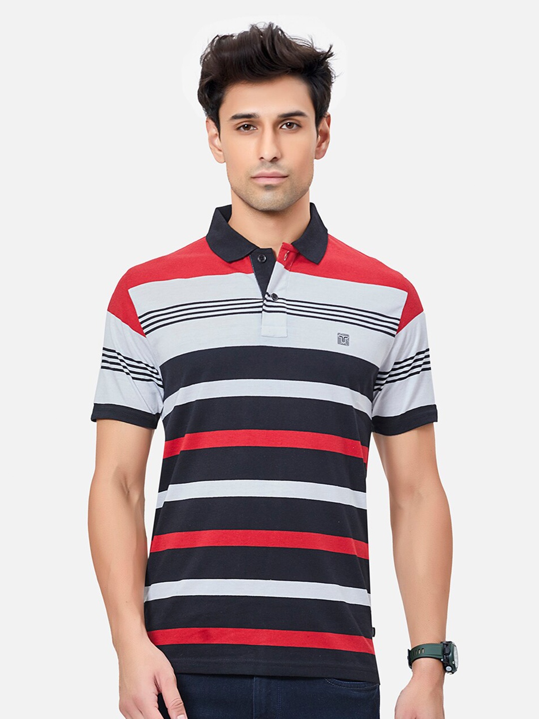 

TESSIO Striped Polo Collar Cotton T-shirt, Black