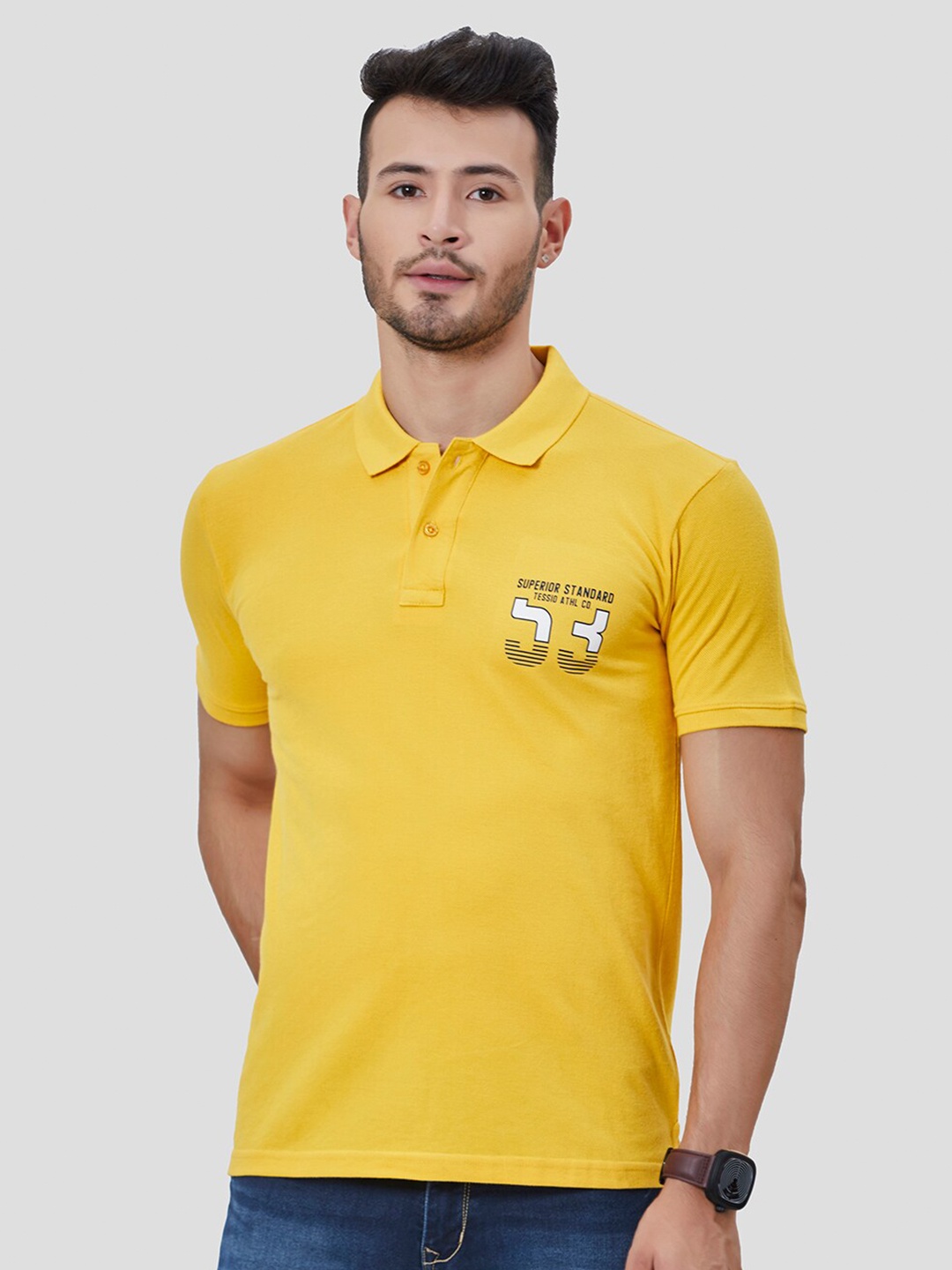 

TESSIO Typography Printed Polo Collar Cotton T-shirt, Mustard