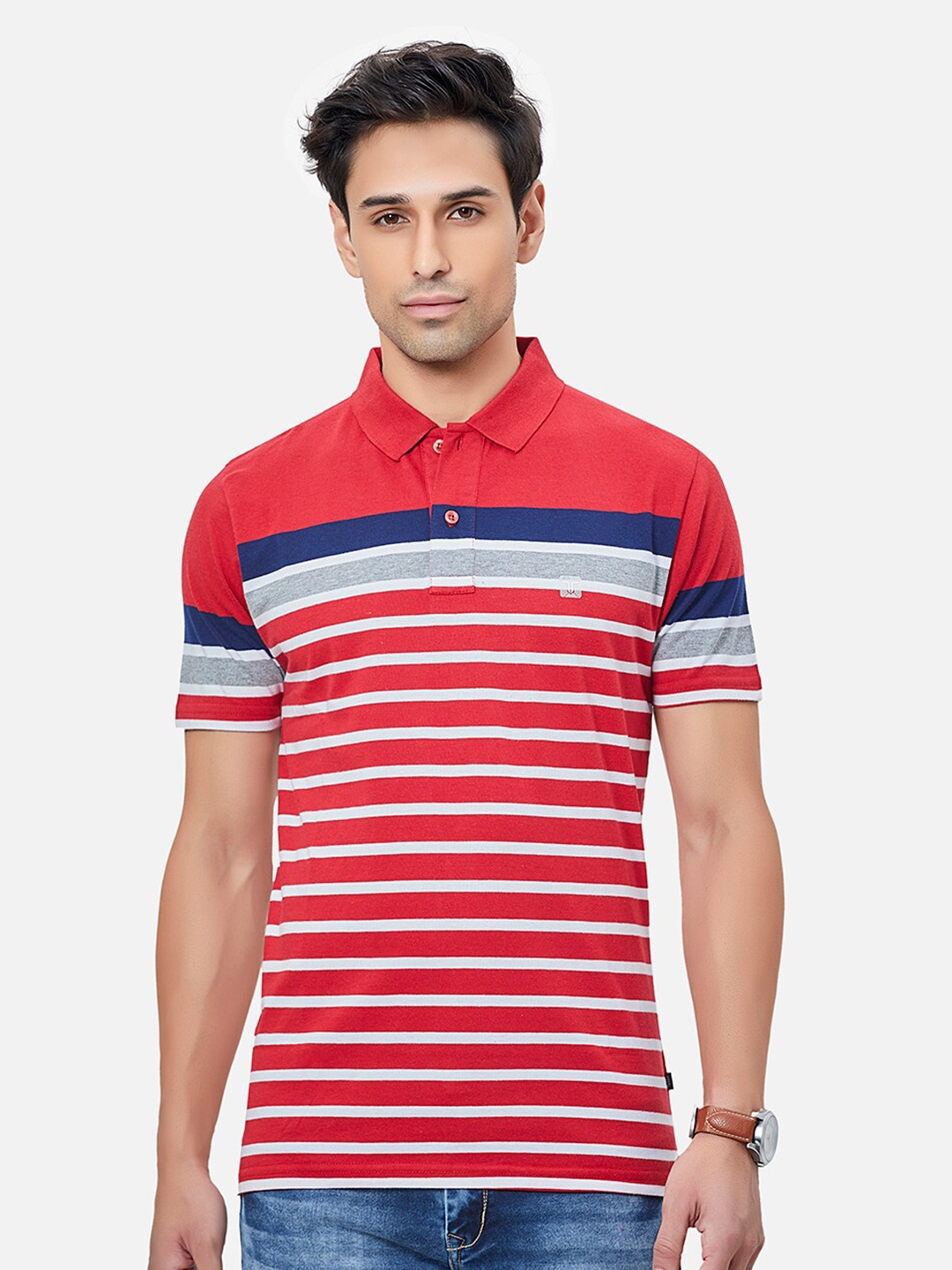 

TESSIO Striped Polo Collar Cotton T-shirt, Red