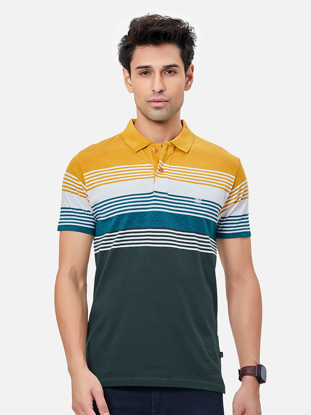

TESSIO Striped Polo Collar Cotton T-shirt, Green