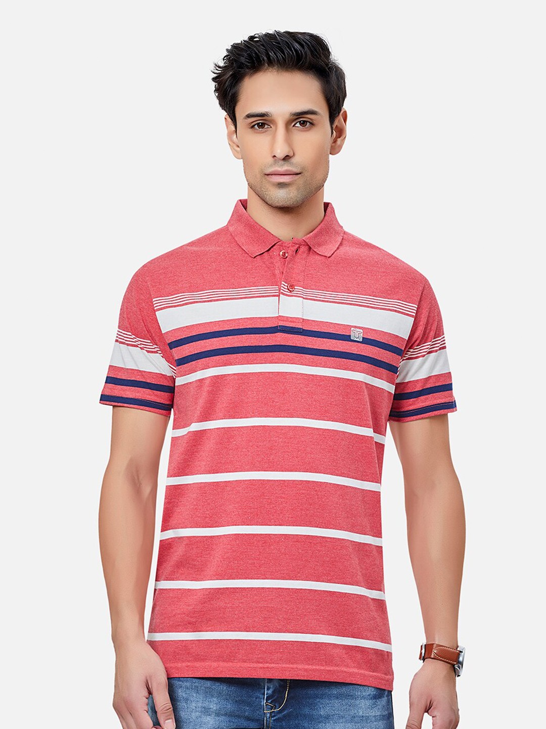 

TESSIO Striped Polo Collar Cotton T-shirt, Pink