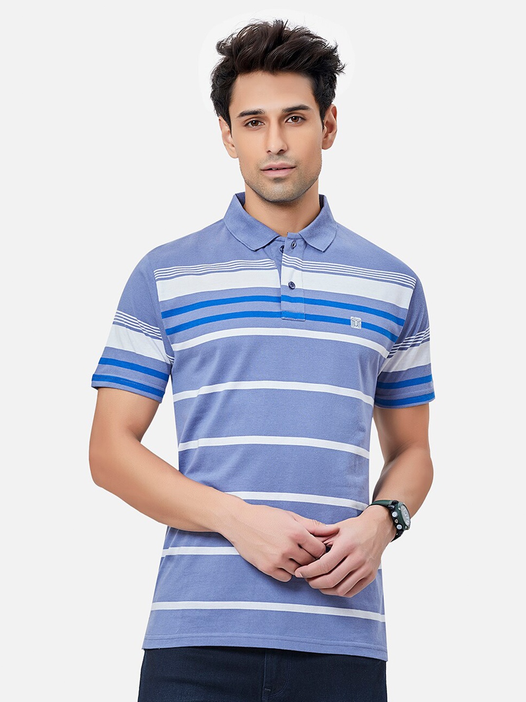 

TESSIO Striped Polo Collar Cotton T-shirt, Blue