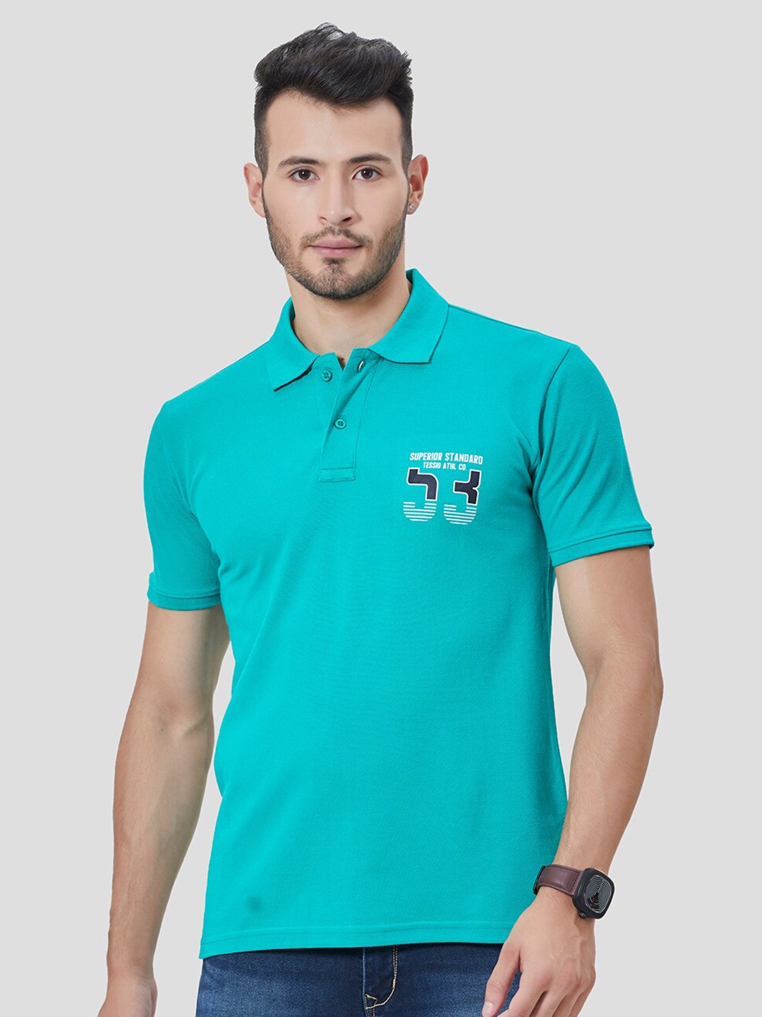 

TESSIO Typography Printed Polo Collar Cotton T-shirt, Turquoise blue