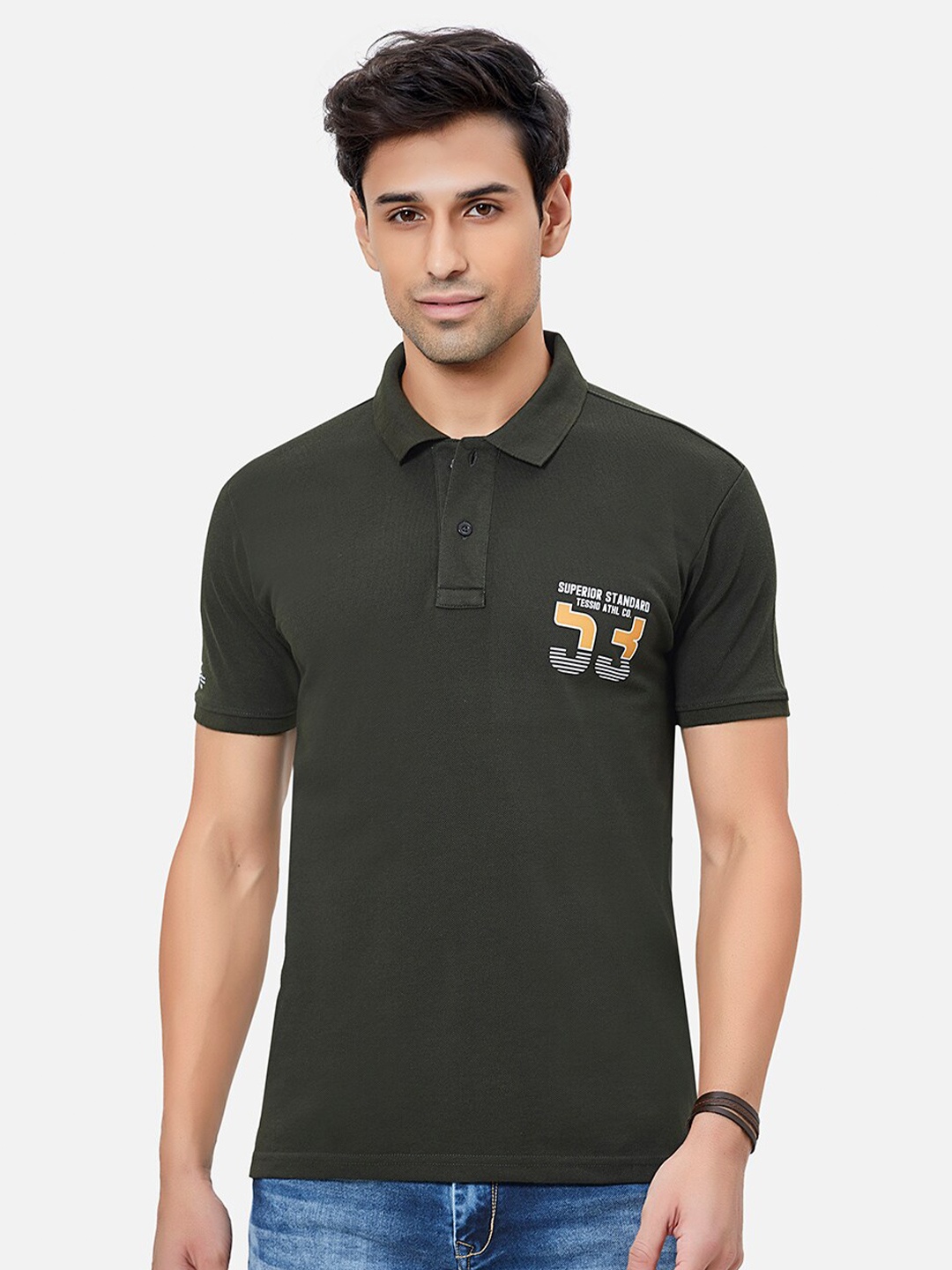 

TESSIO Typography Printed Polo Collar Cotton T-shirt, Olive