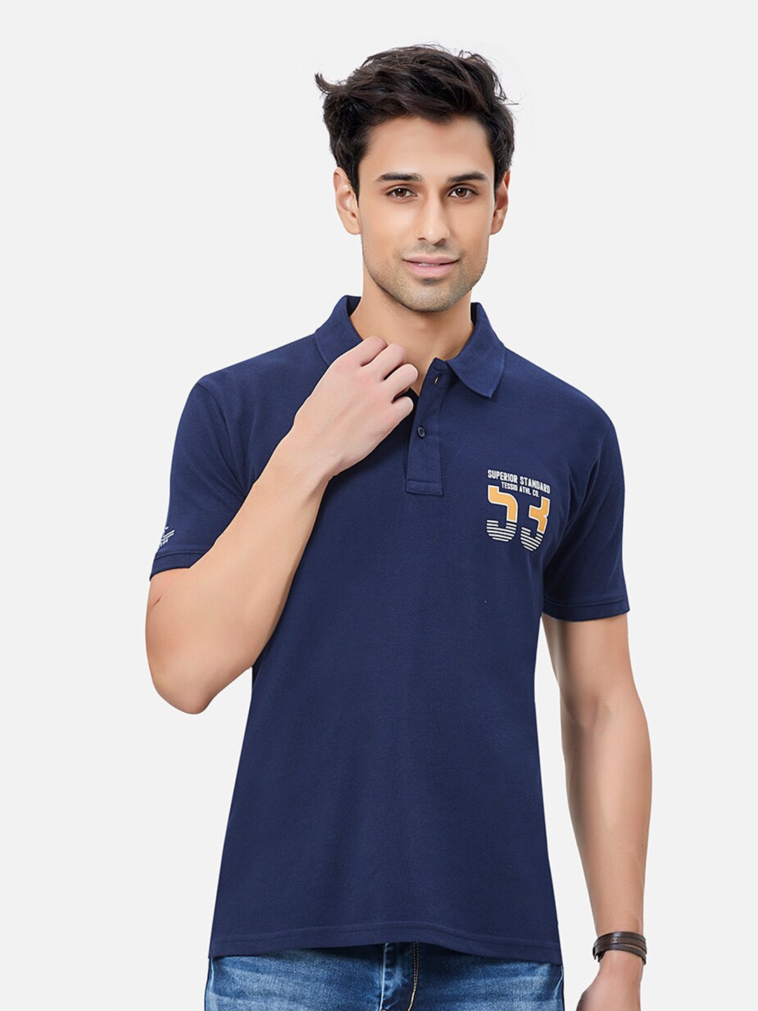 

TESSIO Typography Printed Polo Collar Cotton T-shirt, Navy blue