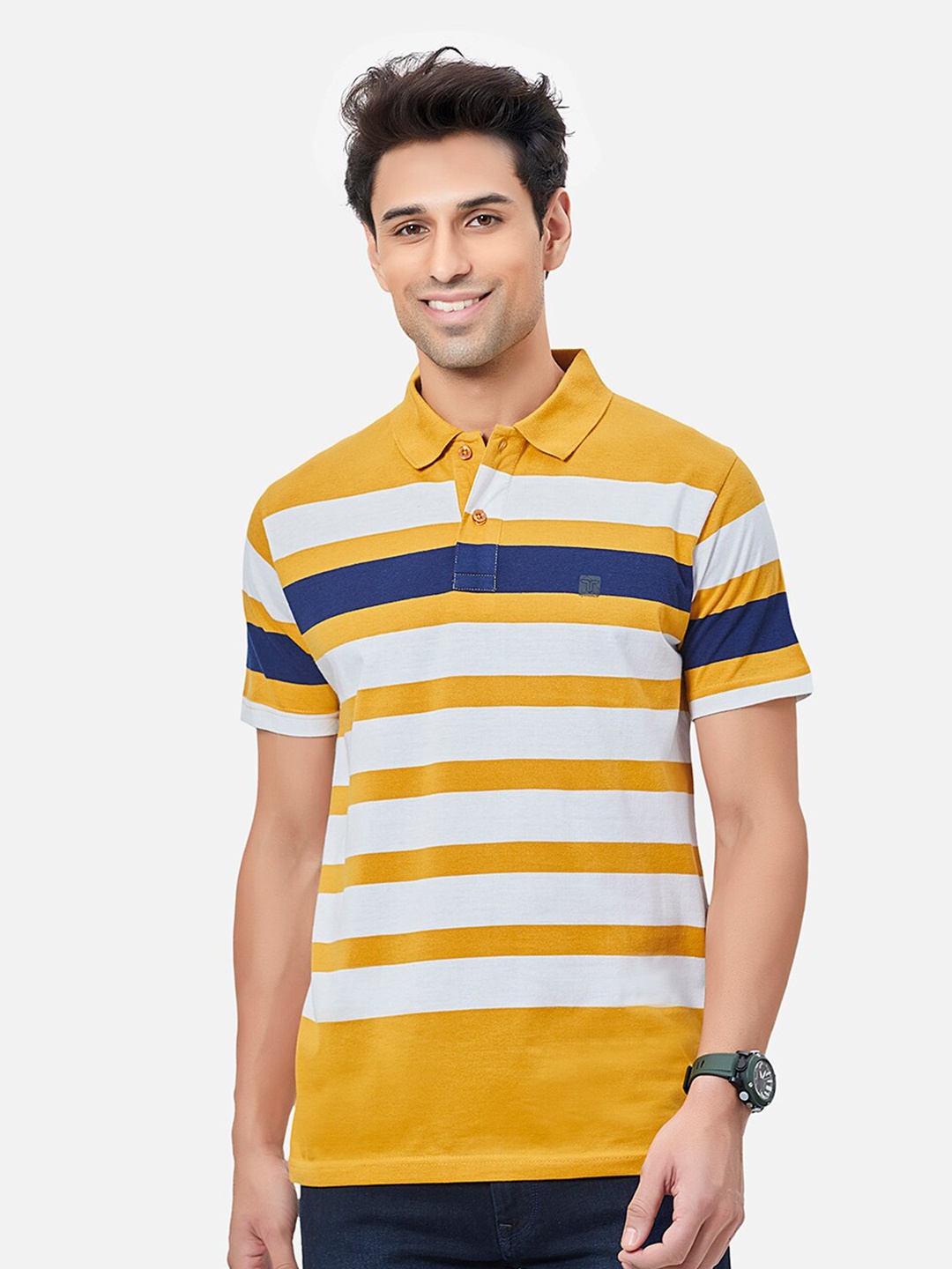 

TESSIO Striped Polo Collar Cotton T-shirt, Yellow