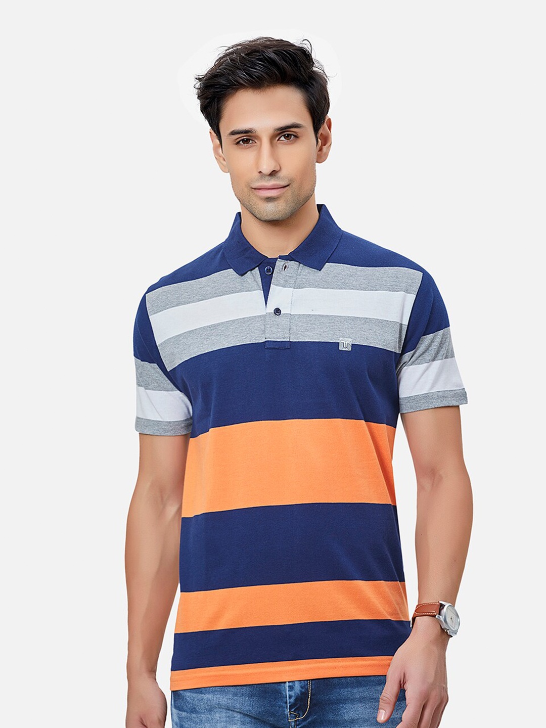 

TESSIO Striped Polo Collar Cotton T-shirt, Orange
