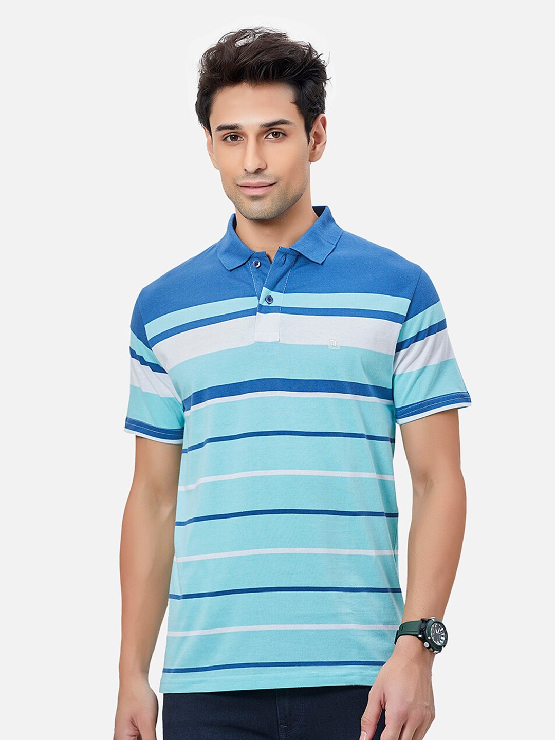 

TESSIO Striped Polo Collar Polo Collar Cotton T-shirt, Blue