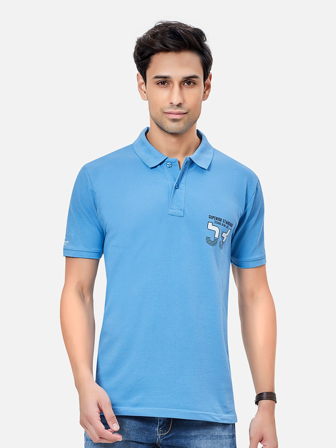 

TESSIO Typography Printed Polo Collar Cotton T-shirt, Blue