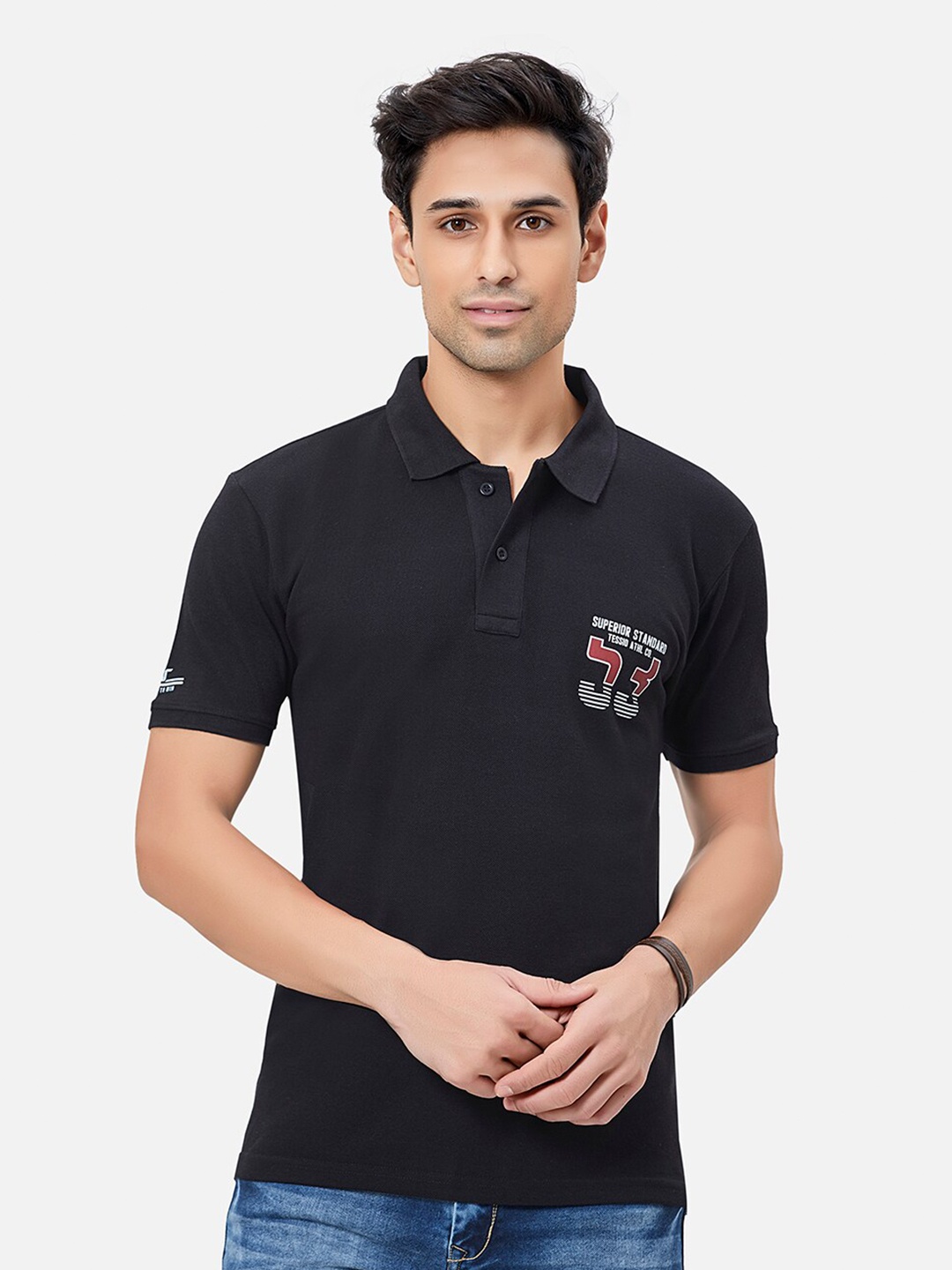 

TESSIO Typography Printed Polo Collar Cotton T-shirt, Black