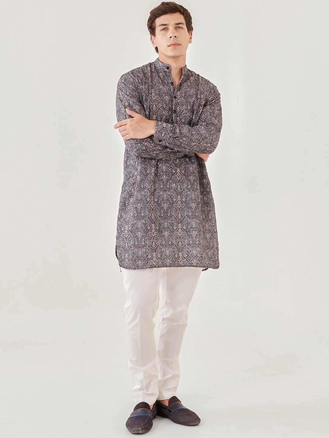 

QB MEN Band Collar Printed Kurta, Black