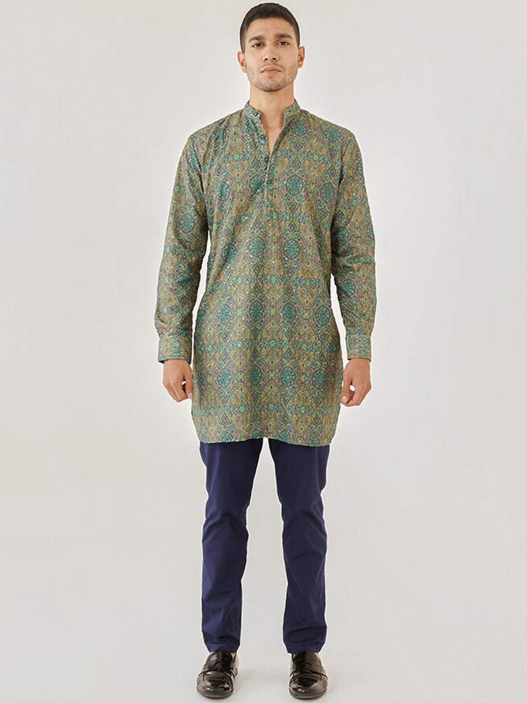 

QB MEN Mandarin Collar Printed Pure Cotton Kurta, Green