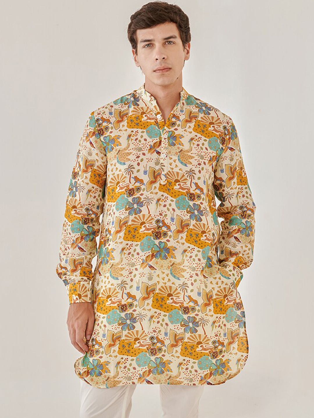 

QB MEN Floral Printed Linen Straight Kurta, White