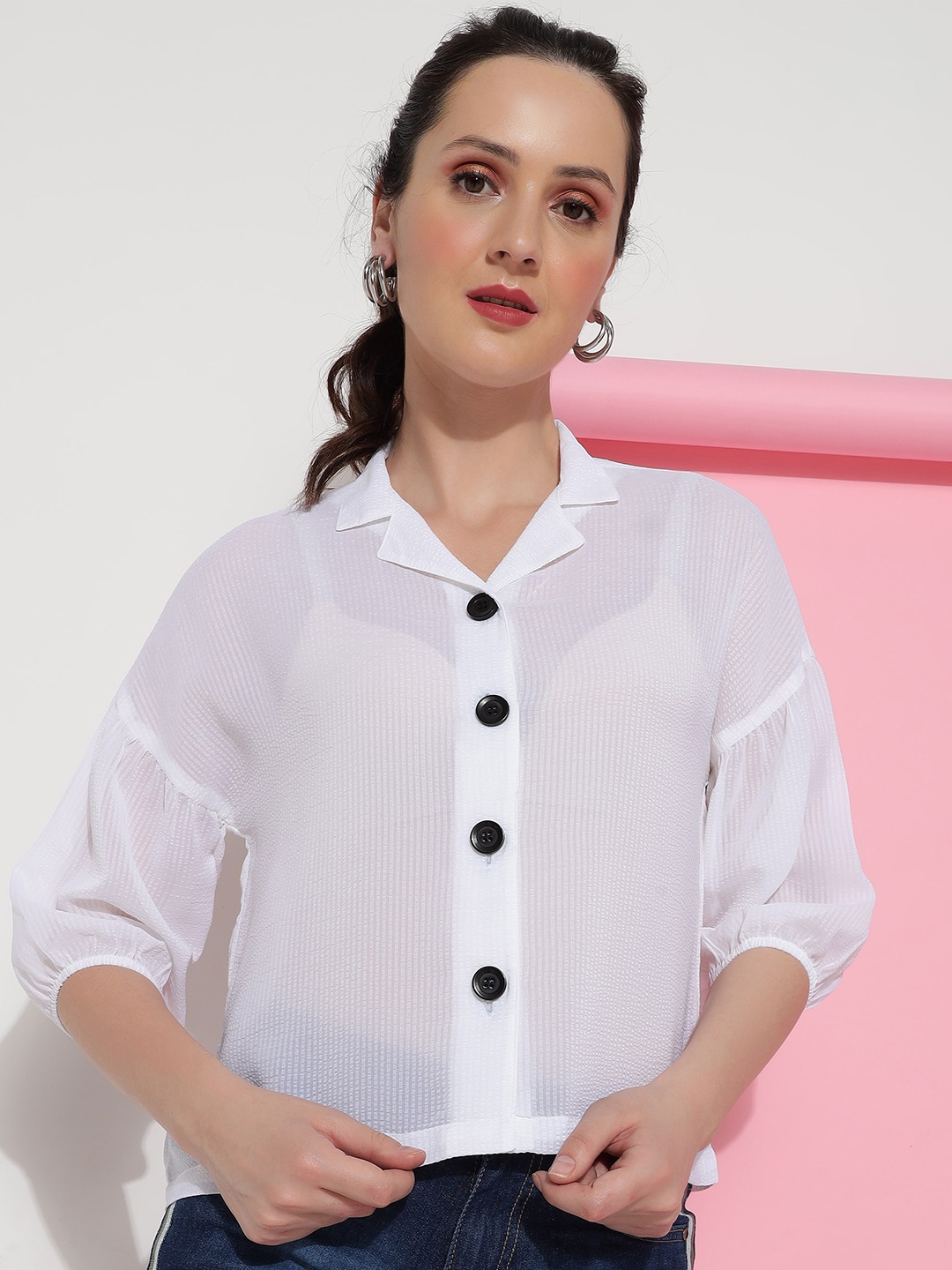 

J Turritopsis Classic Striped Self Design Drop-Shoulder Sleeves Georgette Casual Shirt, White