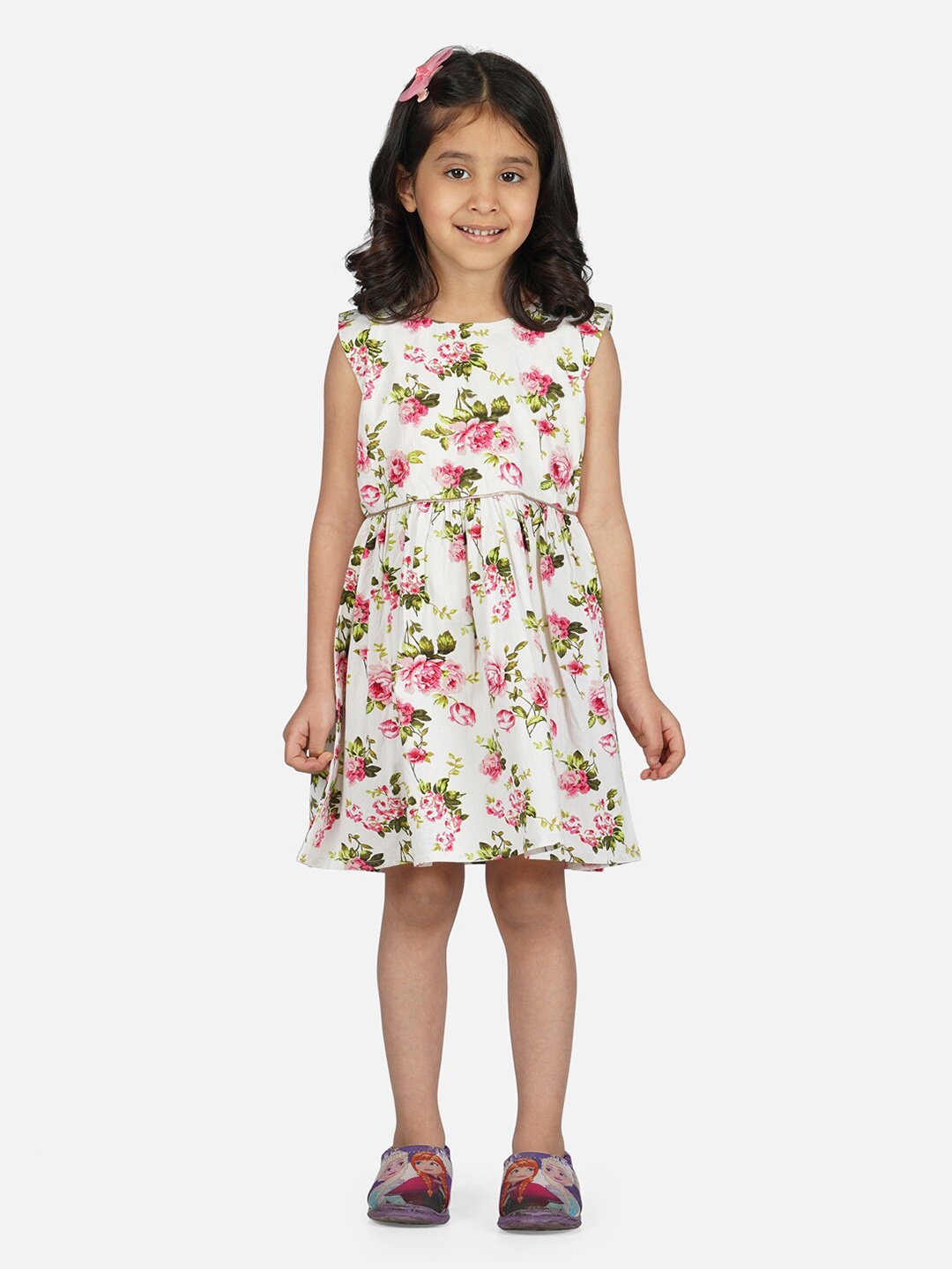 

RAASSIO Girls Floral Printed Cotton Fit & Flare Dress, White