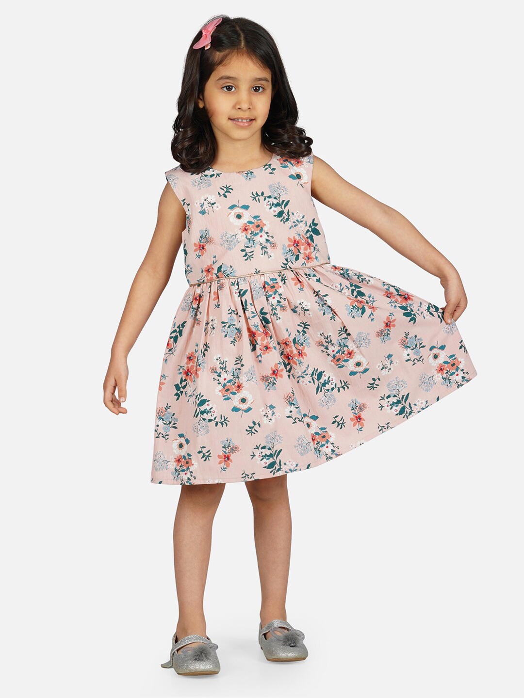 

RAASSIO Girls Floral Printed Cotton Fit & Flare Dress, Pink