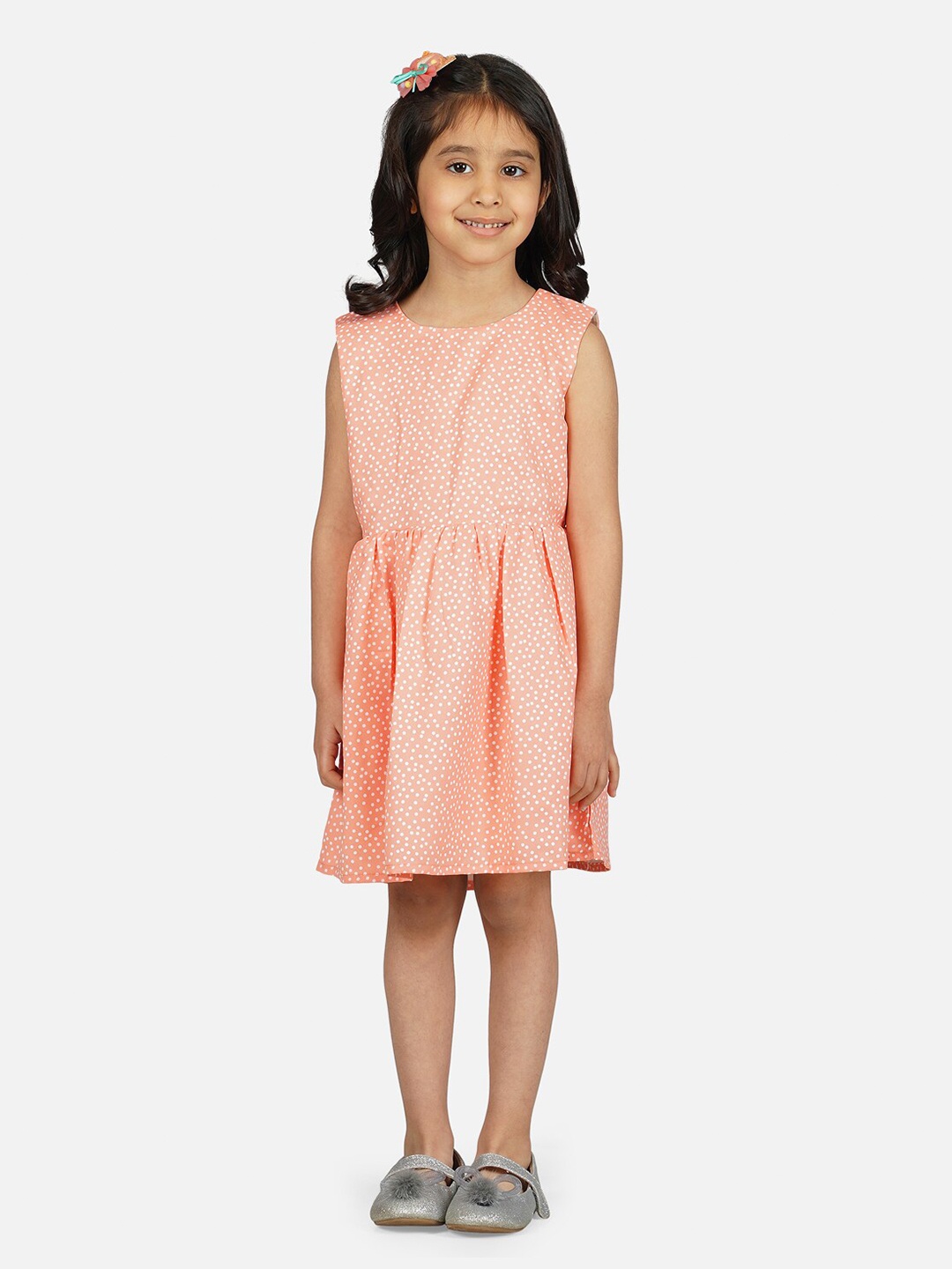 

RAASSIO Girls Polka Dots Printed Cut-Outs Fit & Flare Dress, Orange