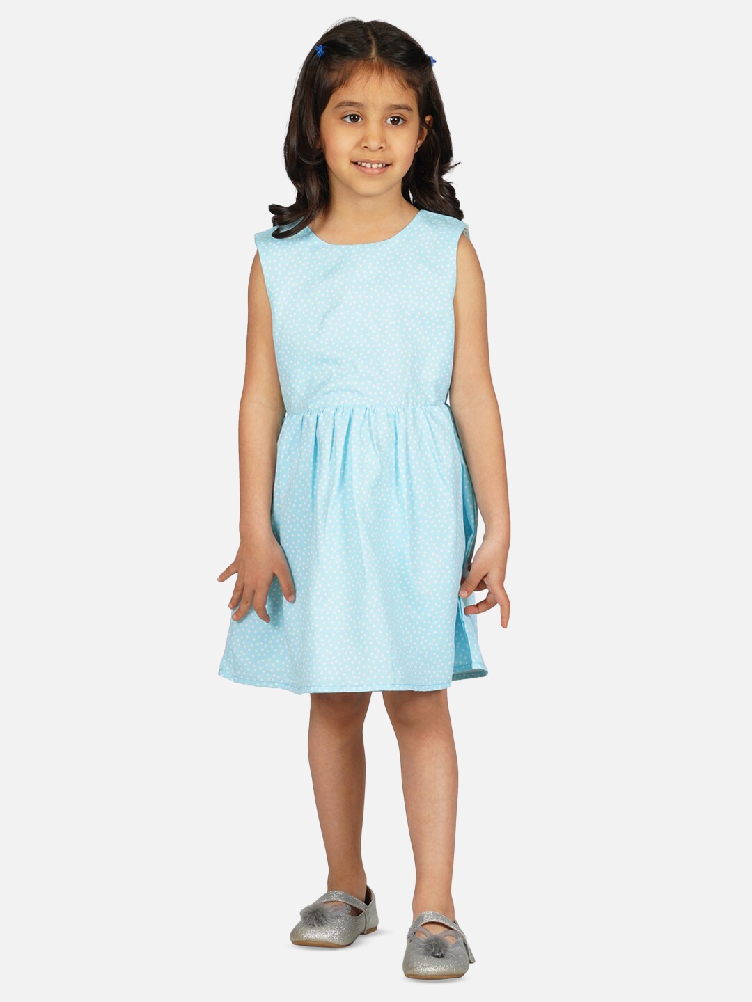 

RAASSIO Girls Polka Dots Printed Cut-Outs Fit & Flare Dress, Blue