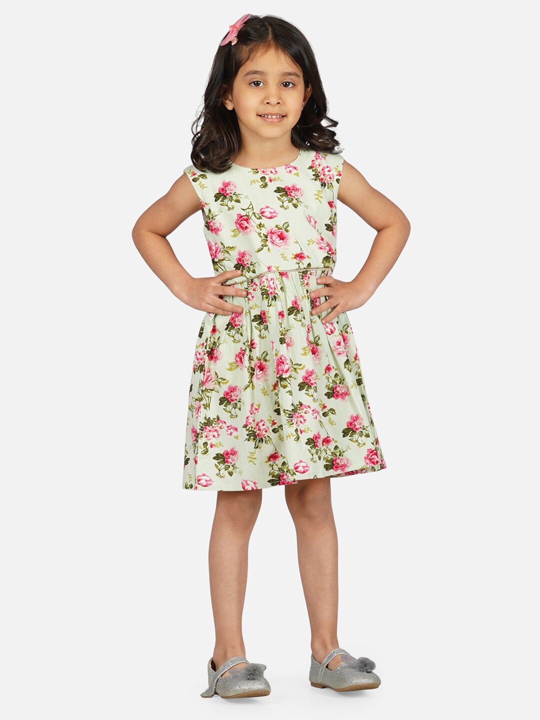 

RAASSIO Girls Floral Printed Cotton Fit & Flare Dress, Green