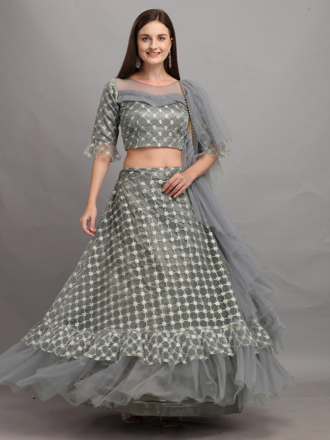 

Angroop Embroidered Thread Work Ready to Wear Lehenga & Blouse With Dupatta, Grey