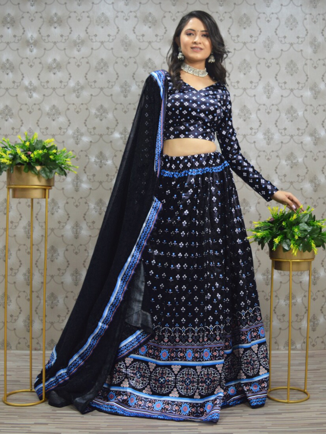 

Angroop Printed Semi-Stitched Lehenga & Unstitched Blouse With Dupatta, Navy blue