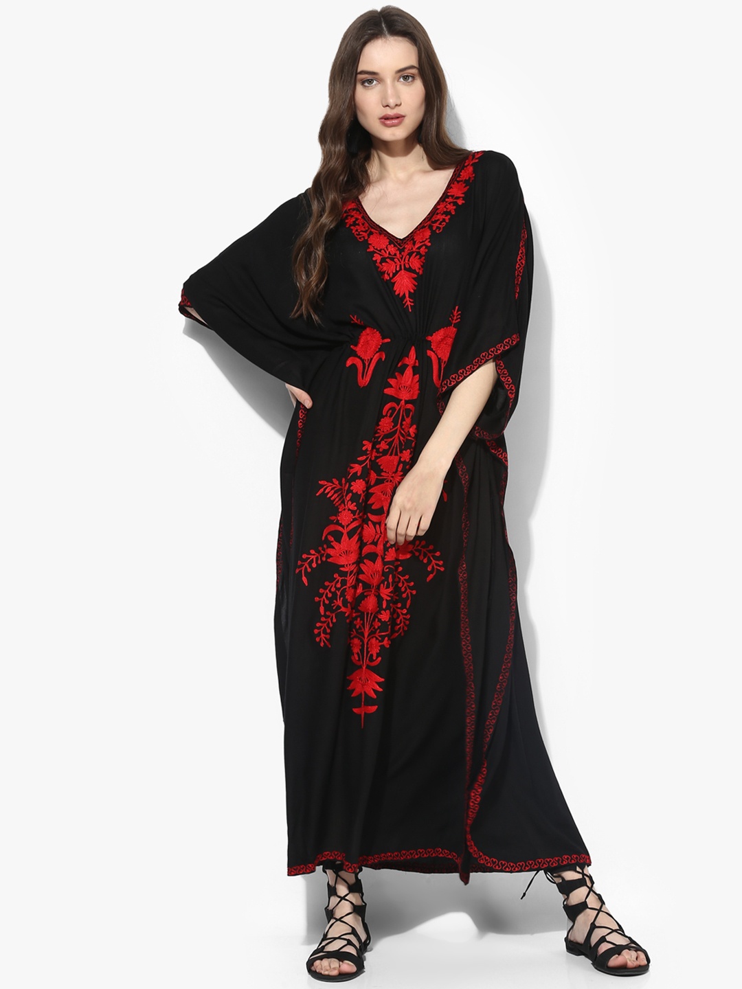 

CRAFTBAZAR Floral Embroidered Kimono Sleeves Kaftan Maxi Dress, Black