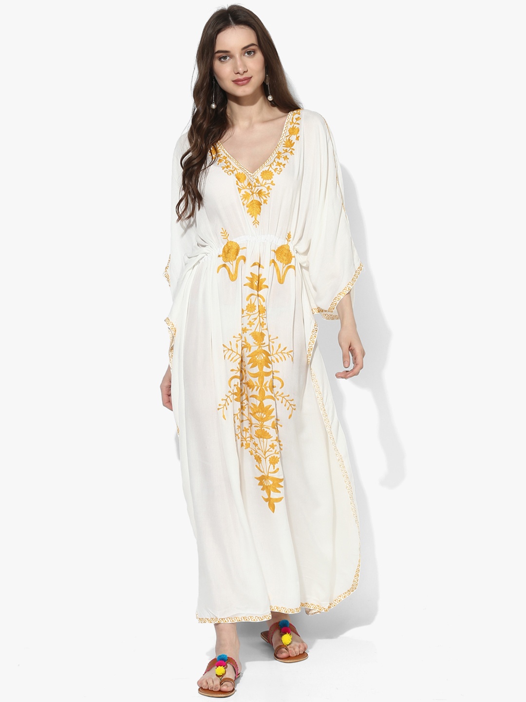 

CRAFTBAZAR Floral Embroidered Kimono Sleeves Kaftan Maxi Dress, White