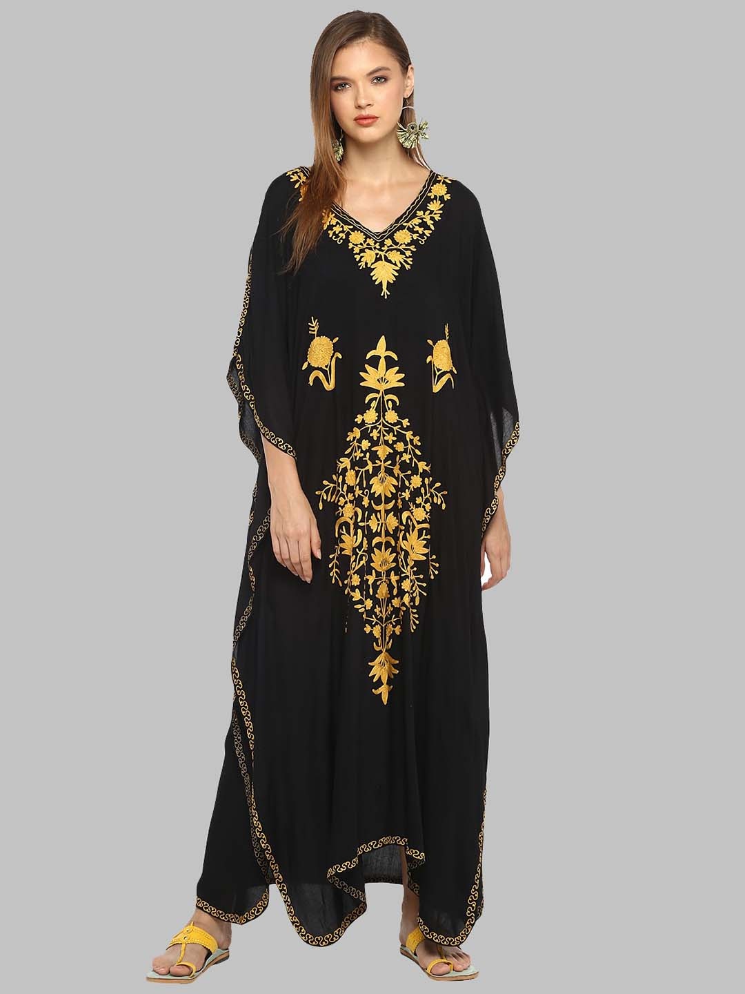 

CRAFTBAZAR Ethnic Motif Embroidered Kaftan Maxi Ethnic Dress, Black