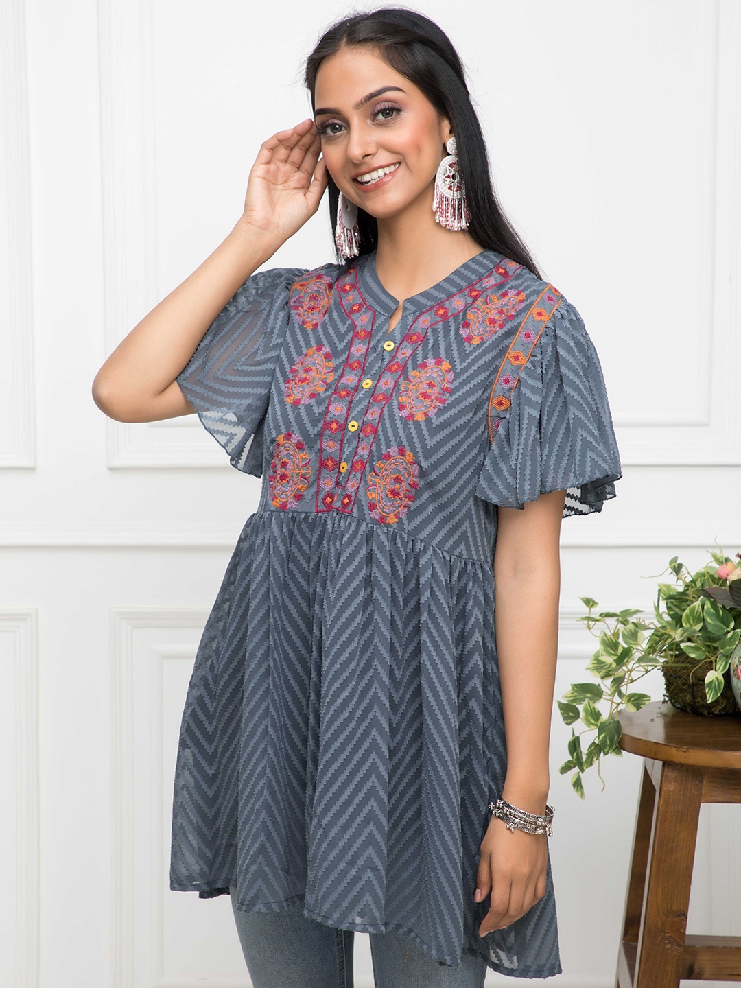 

KALINI Floral Embroidered V-Neck Flared Sleeves Georgette A-line Longline Top, Grey