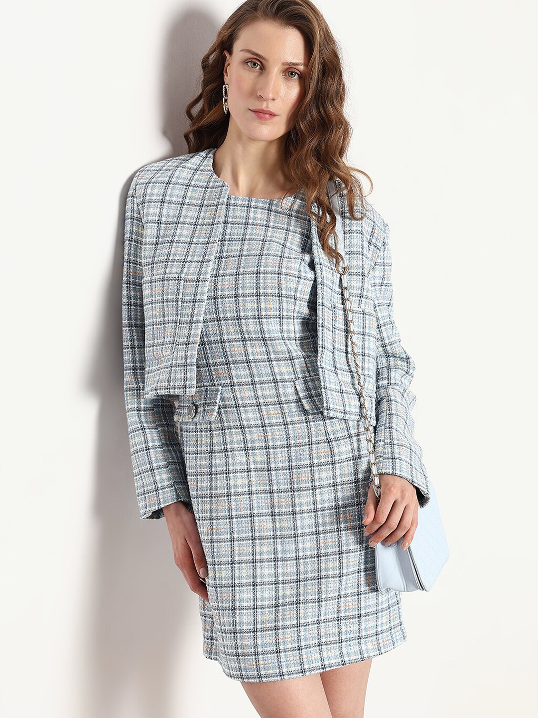 

Vero Moda Checked Front-Open Crop Casual Blazer, Blue