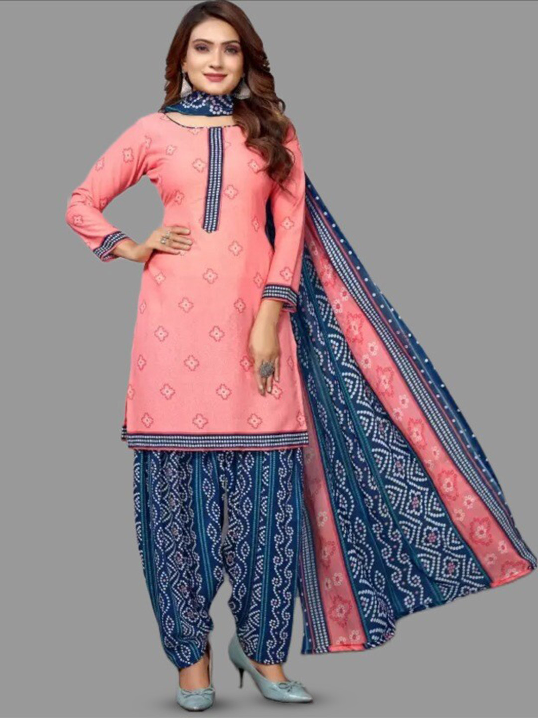 

APNISHA Bandhani Printed Unstitched Dress Material, Pink