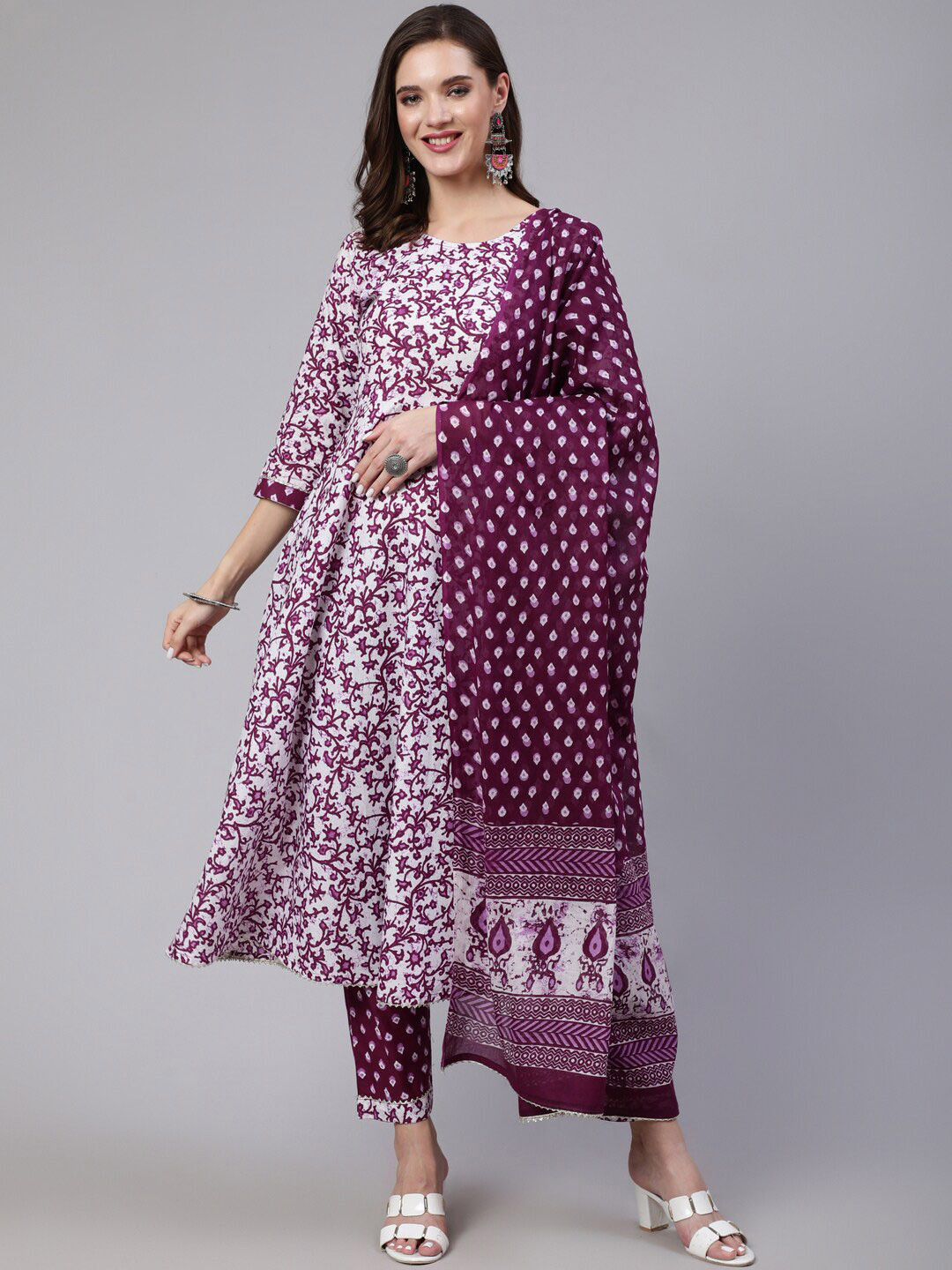 

KALINI Floral Printed Anarkali Pure Cotton Kurta & Trousers With Dupatta, Purple