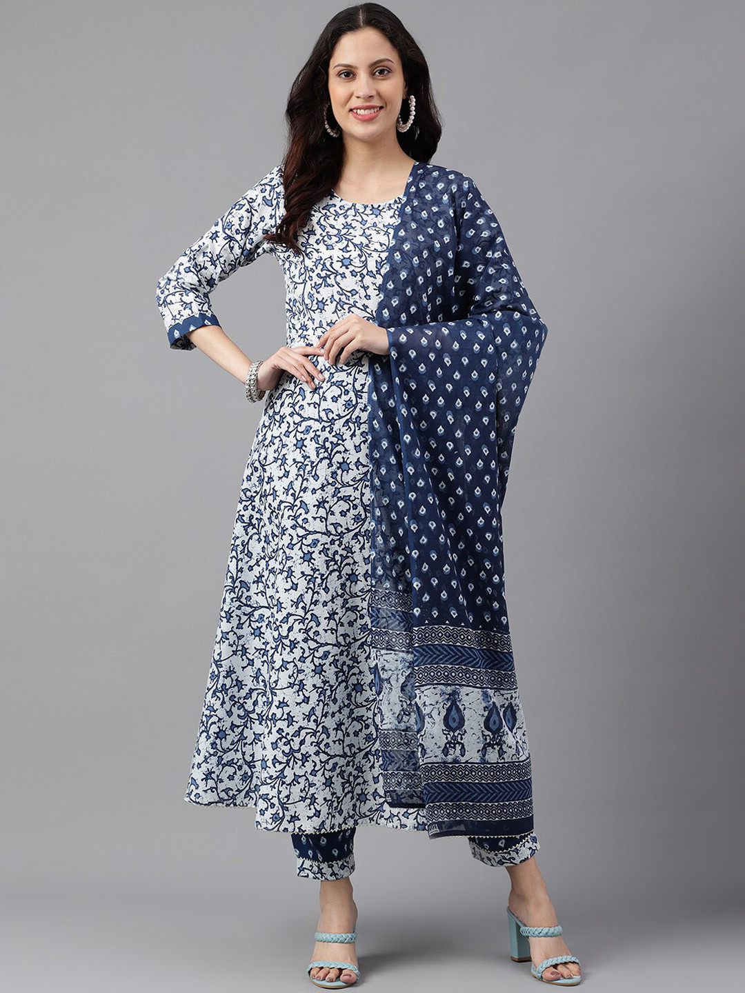 

KALINI Floral Printed Anarkali Pure Cotton Kurta & Trousers With Dupatta, Blue