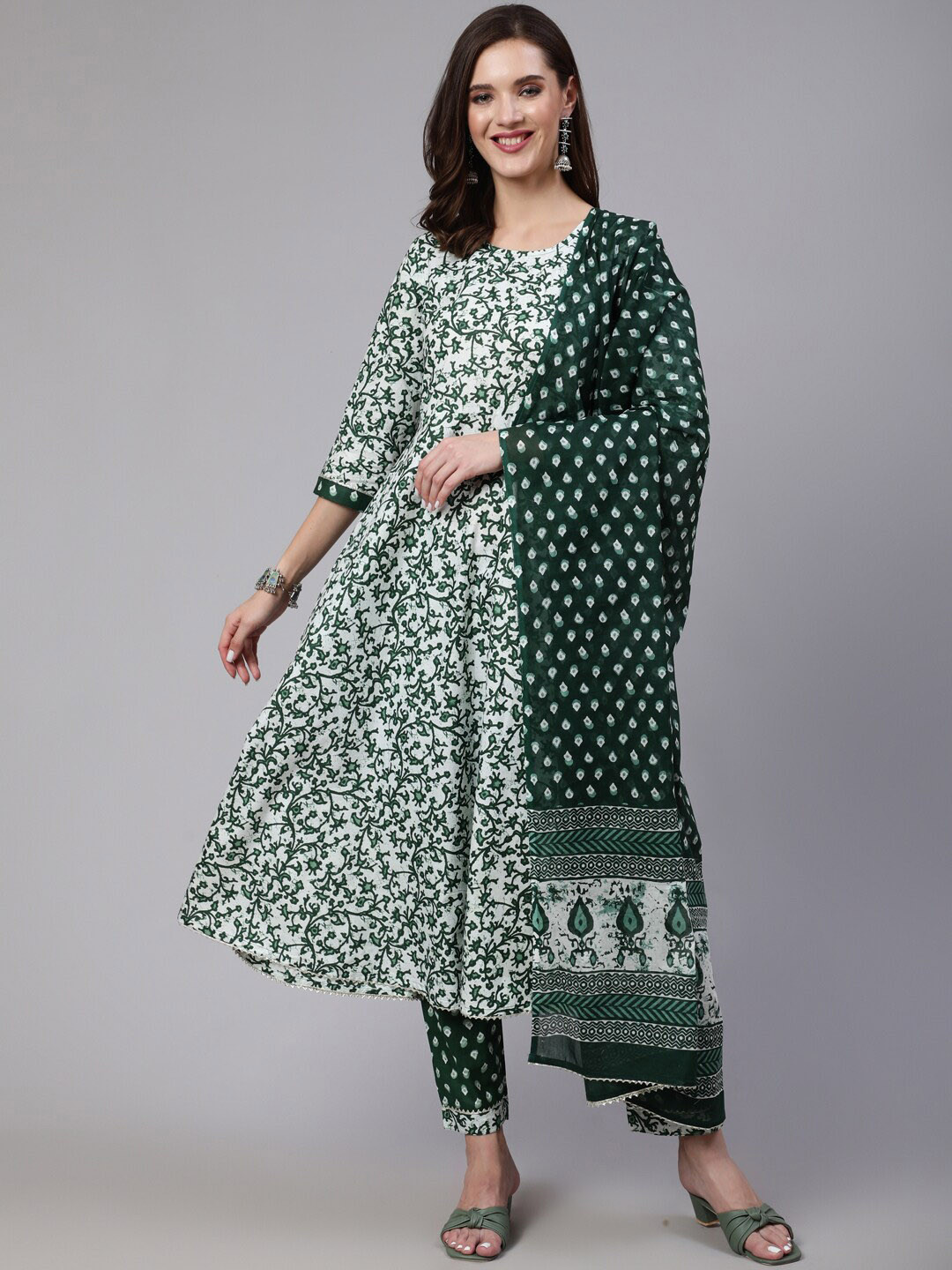 

KALINI Floral Printed Anarkali Pure Cotton Kurta & Trousers With Dupatta, Green